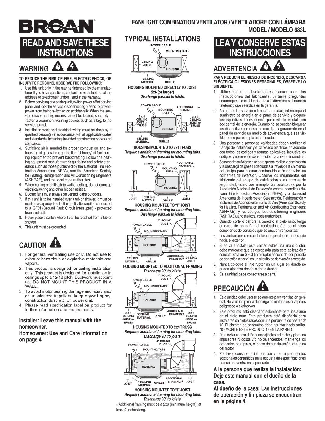 Broan 683L warranty Advertencia, Precaución, Housing Mounted Directly to Joist, Housing Mounted to I Joist 