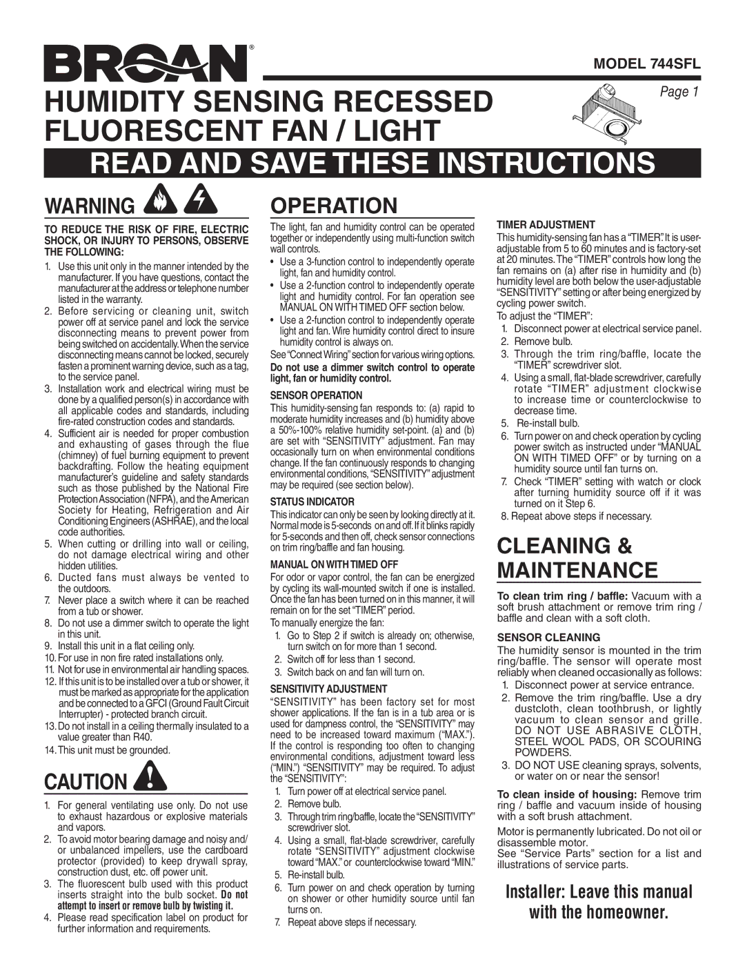 Broan 744SFL warranty Read and Save These Instructions 