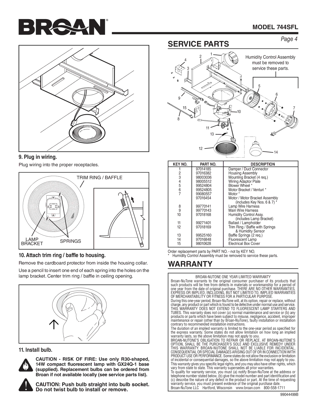 Broan 744SFL warranty Service Parts, Warranty, Attach trim ring / baffle to housing, Install bulb, Description 