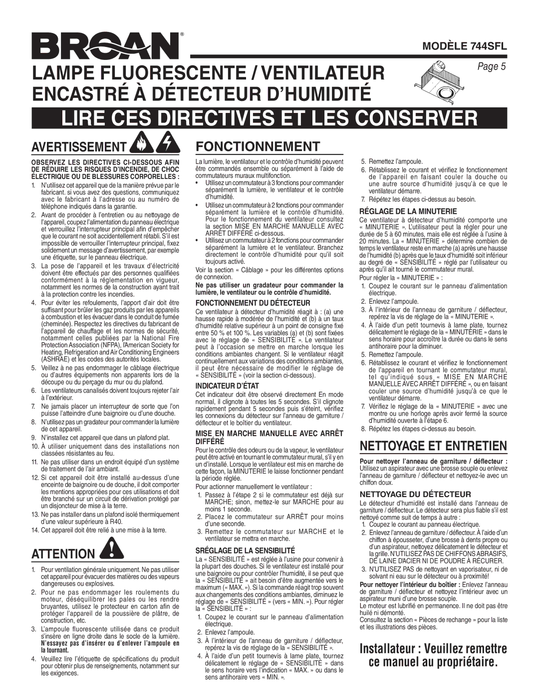 Broan 744SFL warranty Lire CES Directives ET LES Conserver, Fonctionnement 