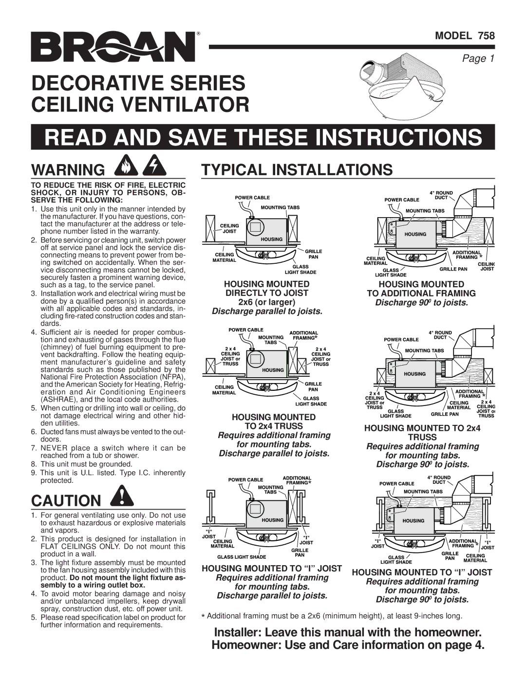 Broan 758 manual Typical Installations, Model 