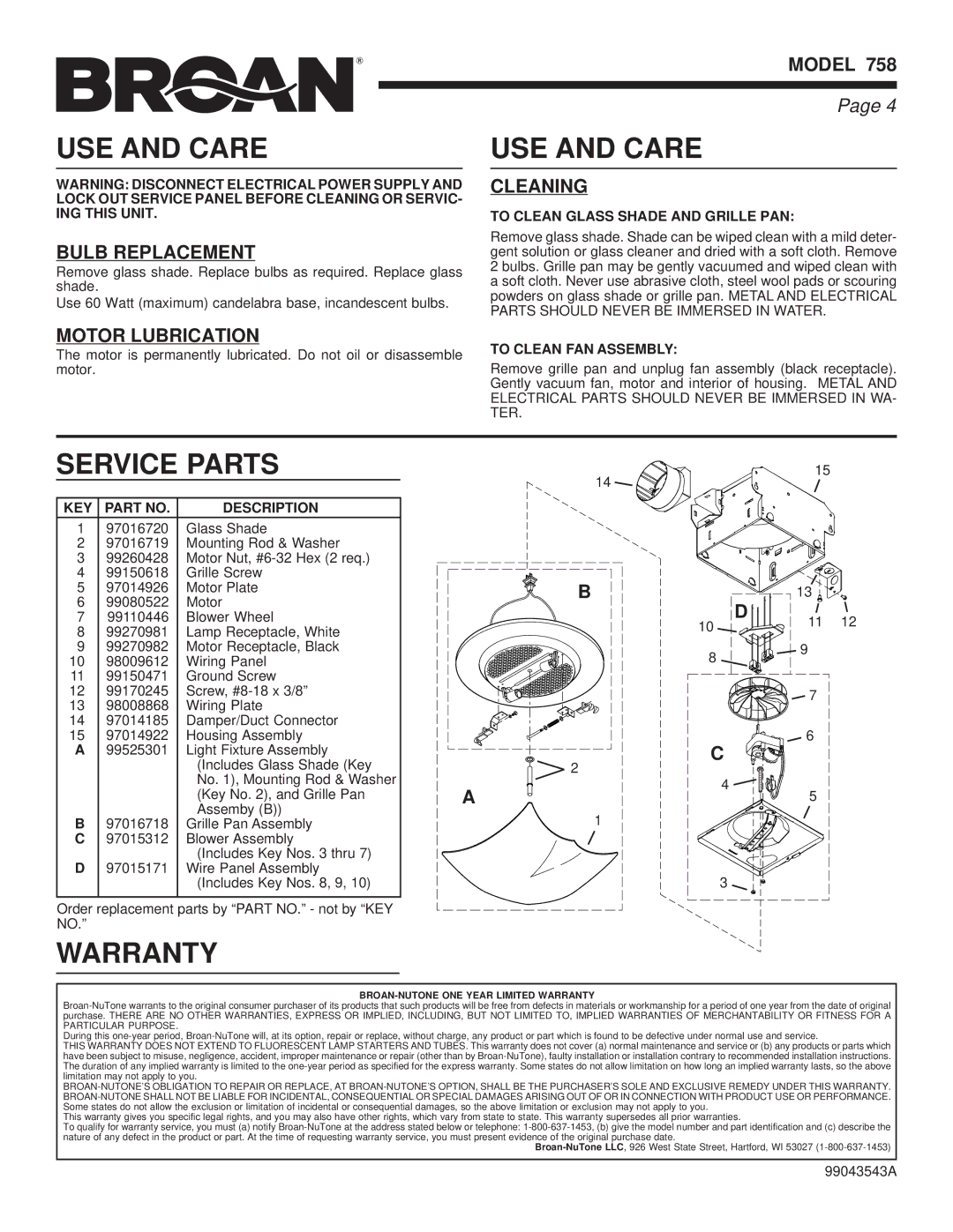 Broan 758 manual USE and Care, Service Parts, Warranty 