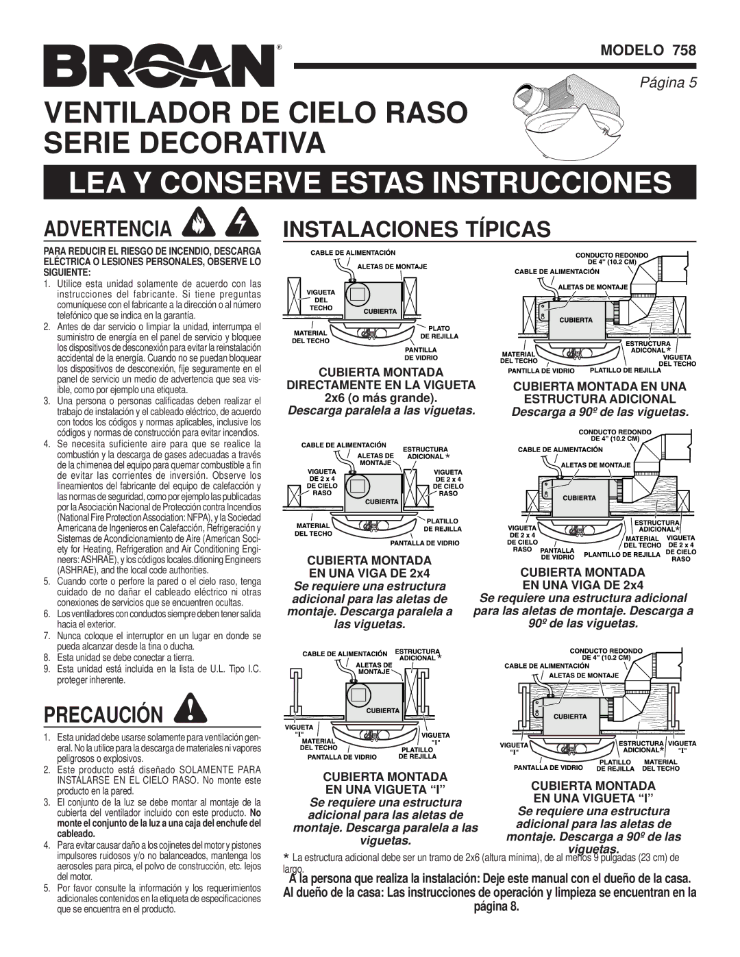 Broan 758 manual Instalaciones, Precaución, Modelo 