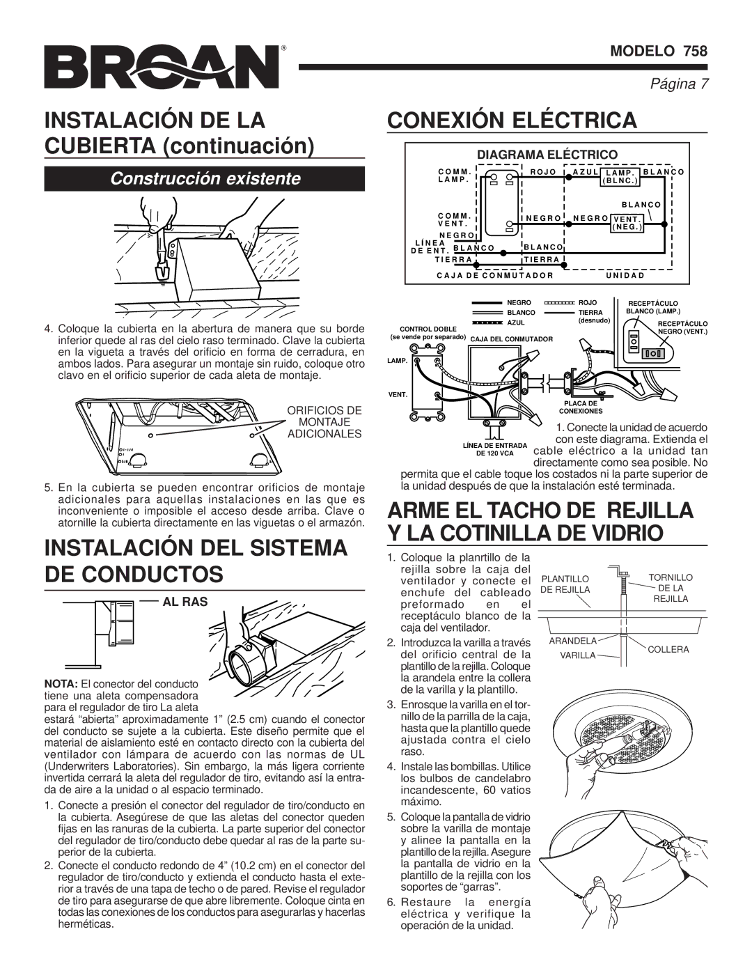 Broan 758 manual Instalación DEL Sistema Conexión Eléctrica, DE Conductos, Diagrama Eléctrico, Al Ras 