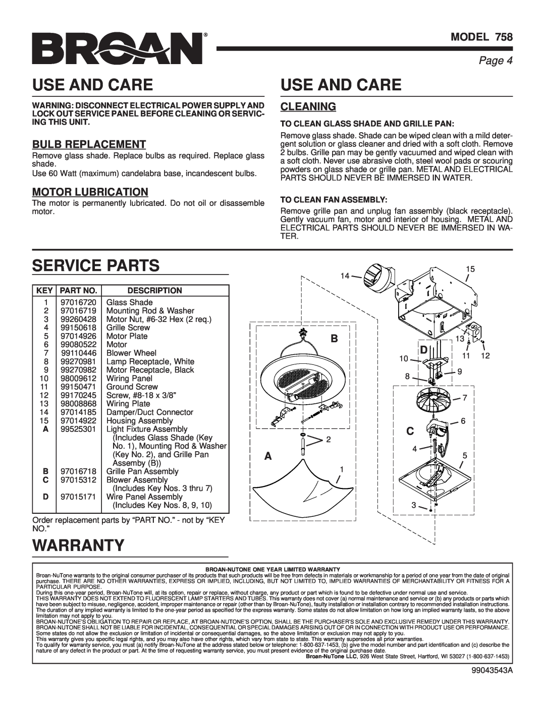 Broan 758 manual Use And Care, Service Parts, Warranty, Bulb Replacement, Cleaning, Motor Lubrication, Model, Page 