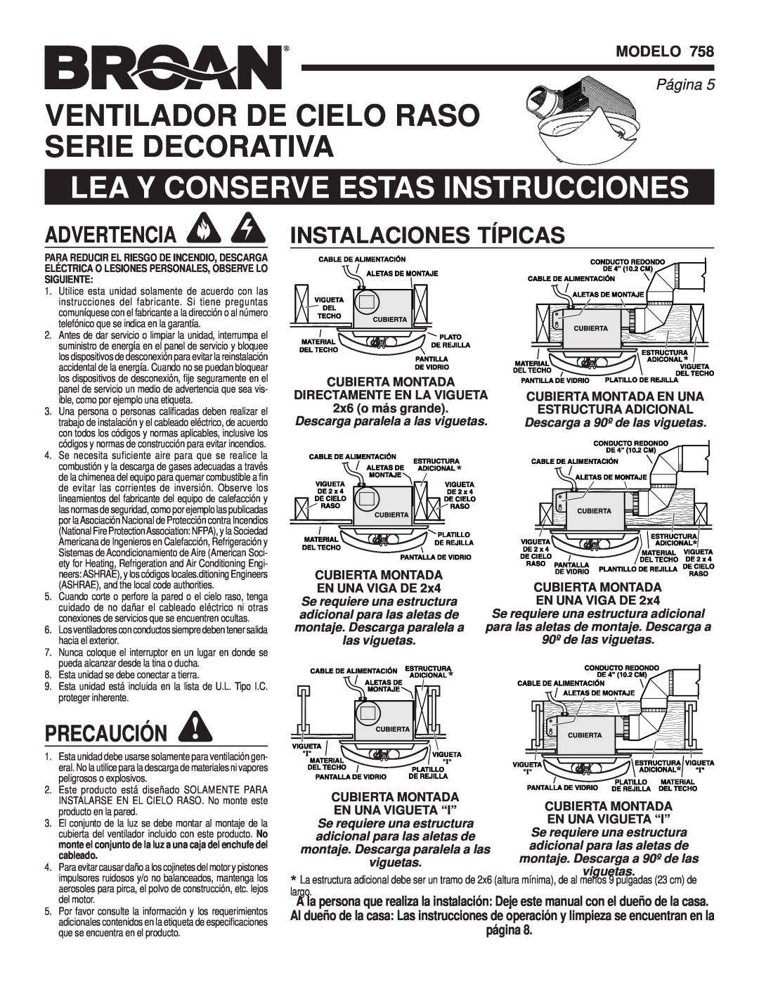 Broan 758 Ventilador De Cielo Raso Serie Decorativa, Instalaciones, Precaución, Modelo, Página, página, Cubierta Montada 