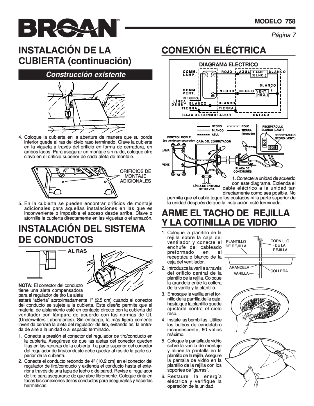 Broan 758 Instalación Del Sistema, Conexión Eléctrica, De Conductos, Arme El Tacho De Rejilla Y La Cotinilla De Vidrio 