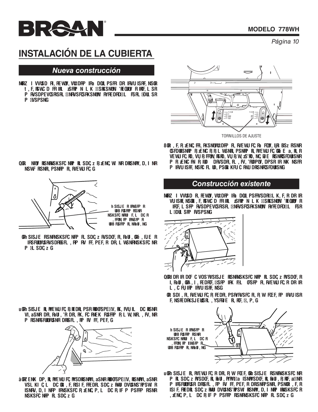 Broan 778WH warranty Instalación DE LA Cubierta, Nueva construcción, Construcción existente 