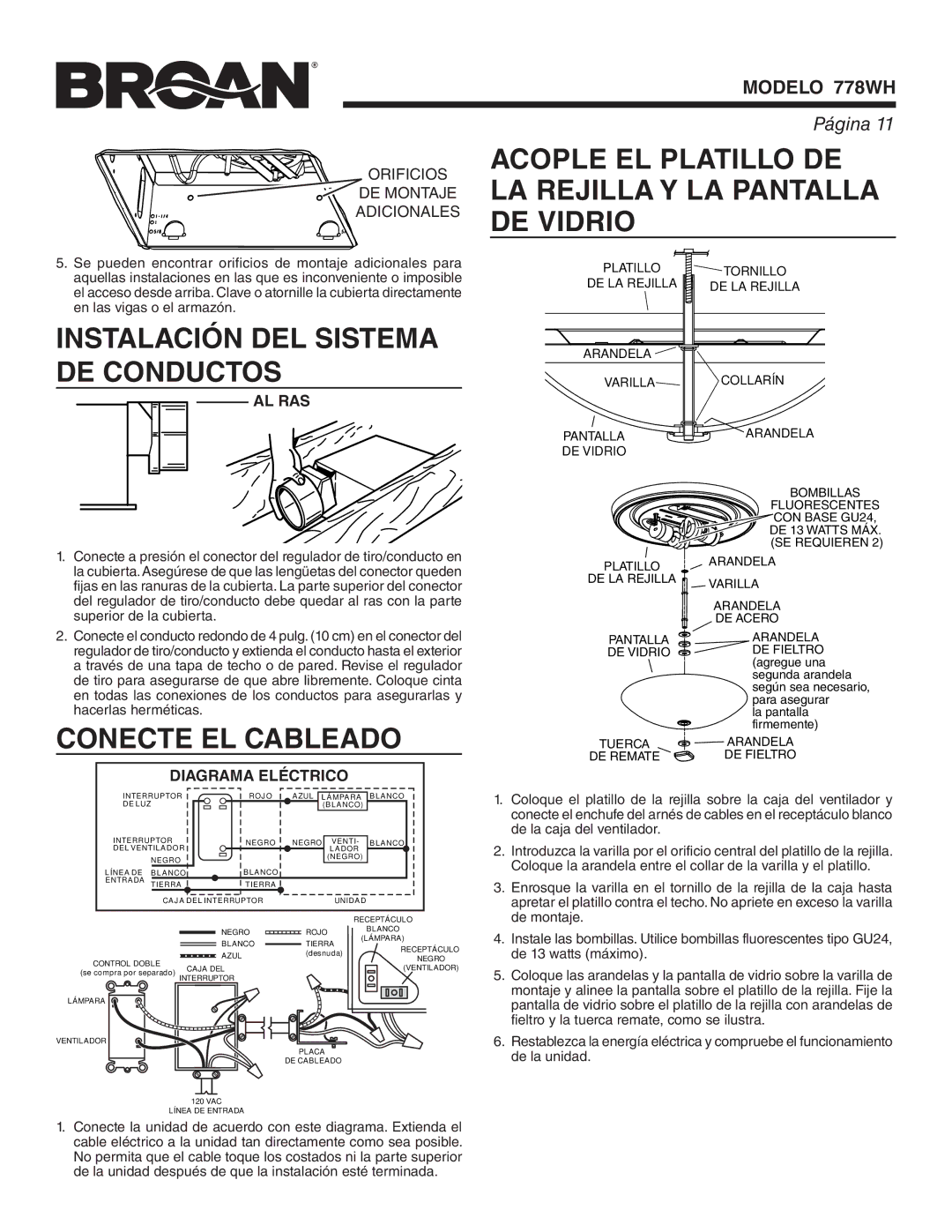 Broan 778WH warranty Instalación DEL Sistema DE Conductos, Conecte EL Cableado, Al Ras, Diagrama Eléctrico 