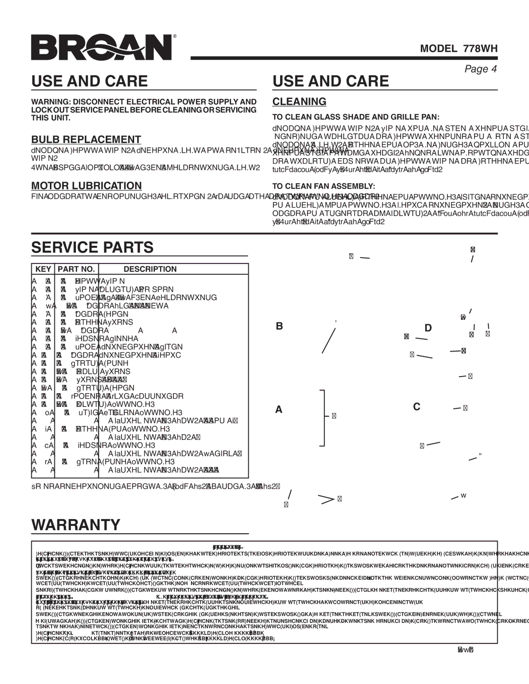 Broan 778WH warranty USE and Care, Service Parts, Warranty 