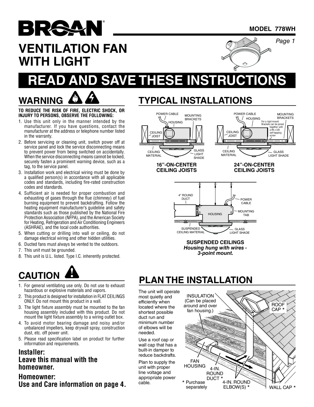 Broan warranty Read And Save These Instructions, Ventilation Fan With Light, Typical Installations, MODEL 778WH, Page 