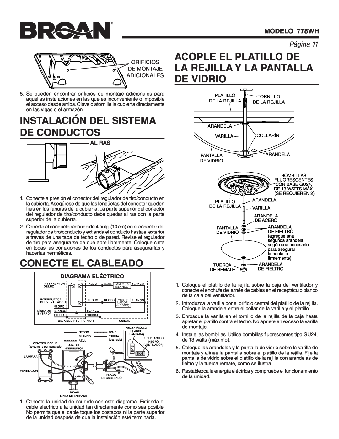 Broan Instalación Del Sistema De Conductos, Conecte El Cableado, Al Ras, Diagrama Eléctrico, MODELO 778WH, Página 