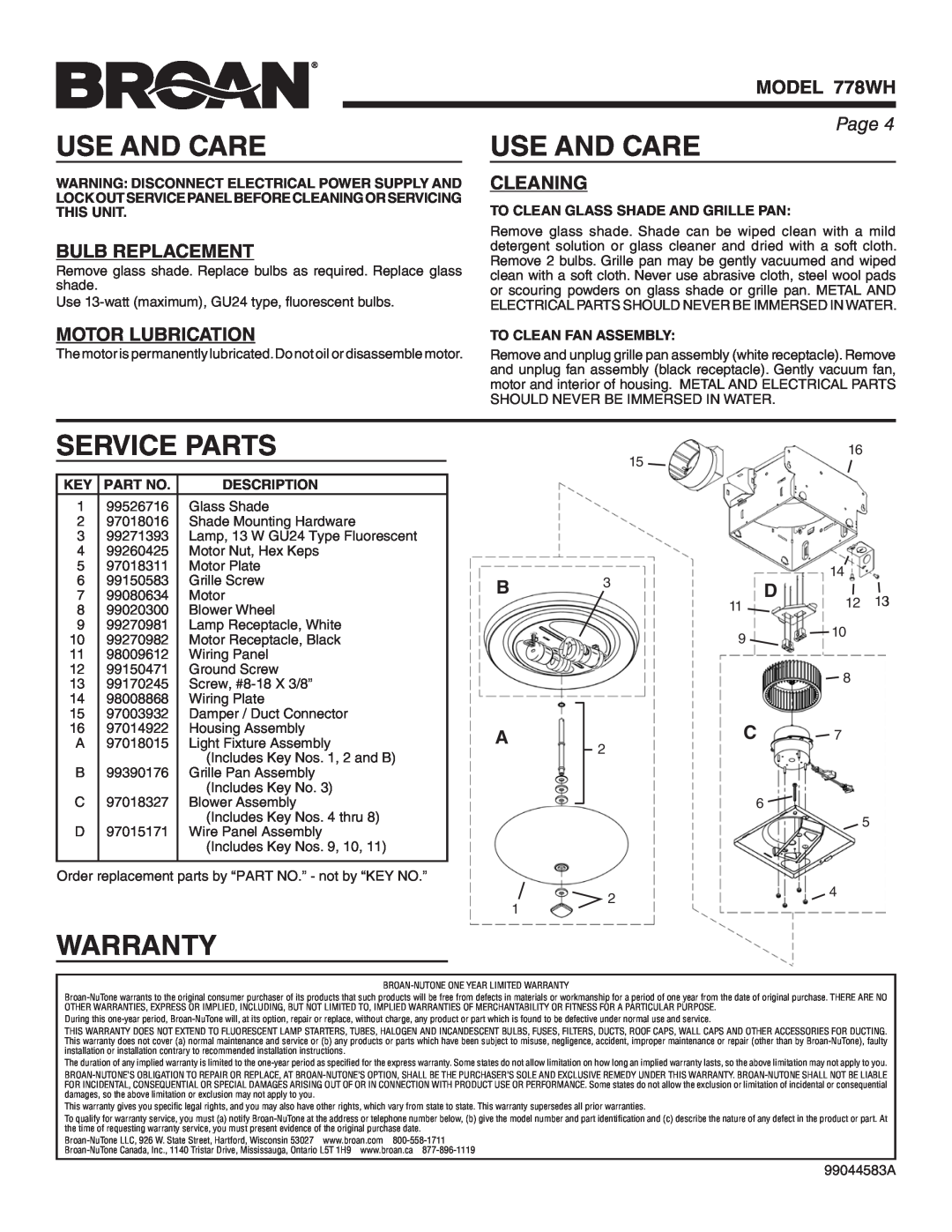 Broan warranty Use And Care, Service Parts, Warranty, Bulb Replacement, Motor Lubrication, Cleaning, MODEL 778WH, Page 