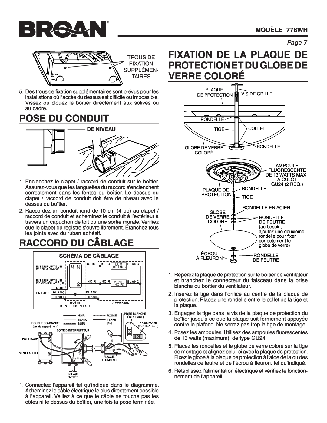 Broan warranty Pose Du Conduit, Raccord Du Câblage, De Niveau, Schéma De Câblage, MODÈLE 778WH, Page 