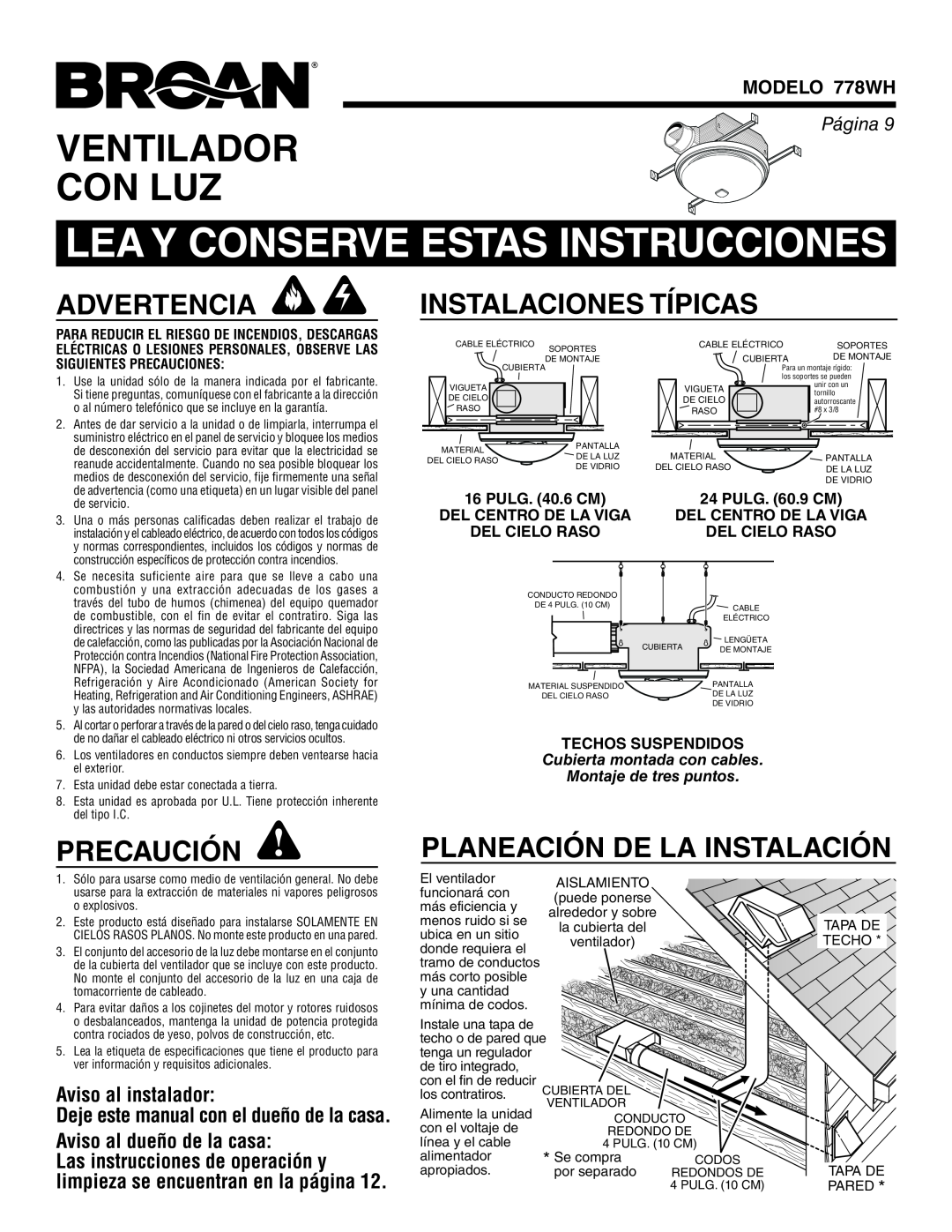 Broan 778WH Lea Y Conserve Estas Instrucciones, Ventilador Con Luz, Advertencia, Precaución, Instalaciones Típicas, Página 