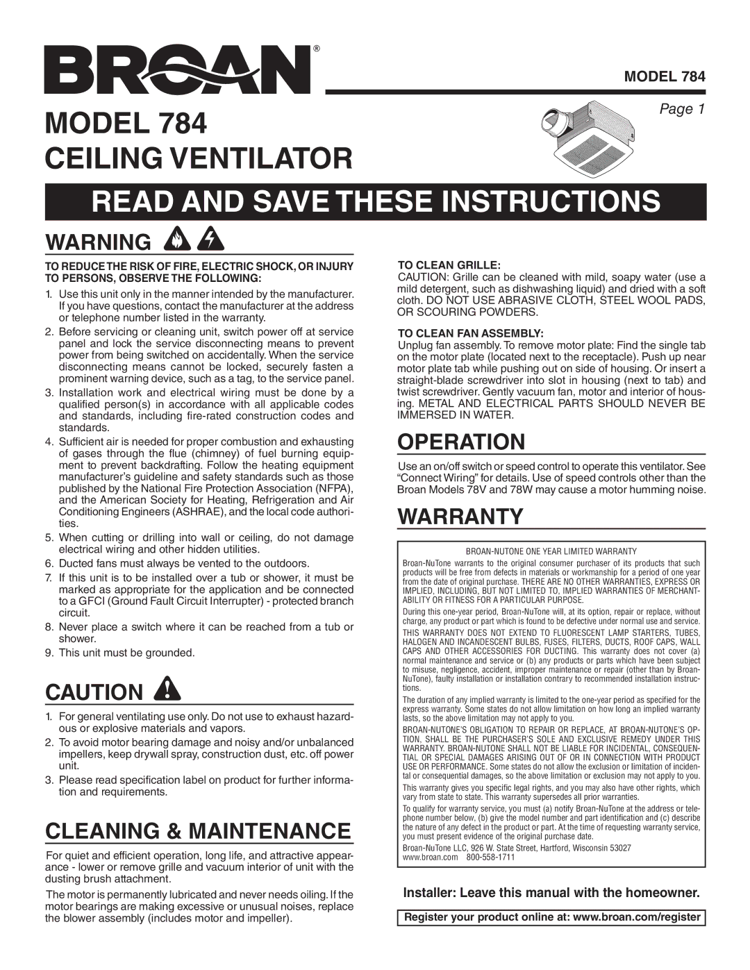 Broan 784 manual Read and Save These Instructions, Cleaning & Maintenance, Operation, Warranty 