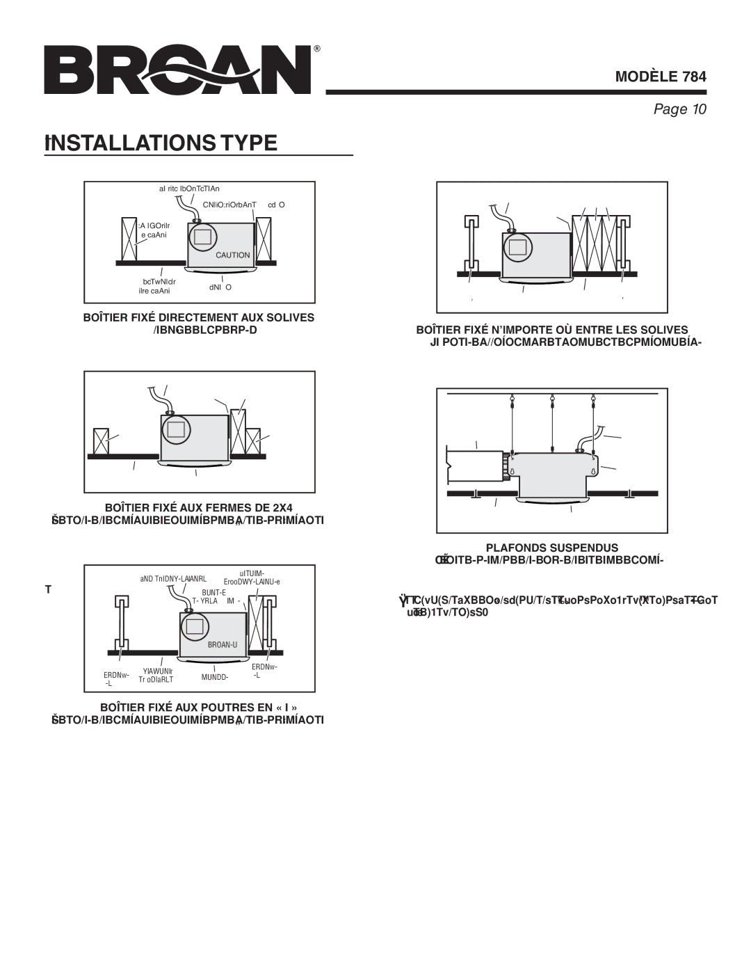 Broan 784 manual Installations Type, De 2X6 ou plus, Les brides de montage exigent un cadre supplémentaire 