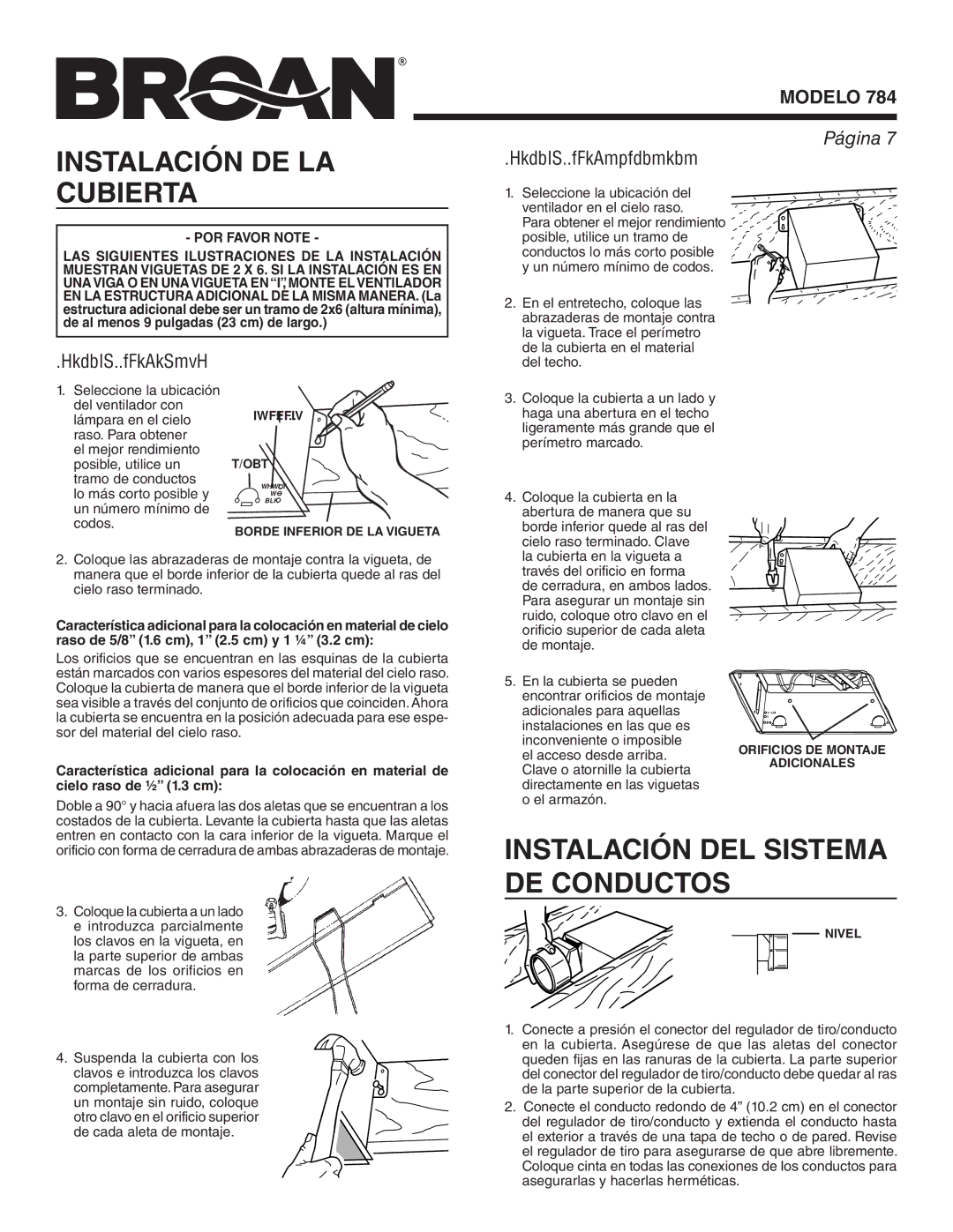 Broan 784 manual Instalación DE LA, Cubierta, Instalación DEL Sistema, DE Conductos 