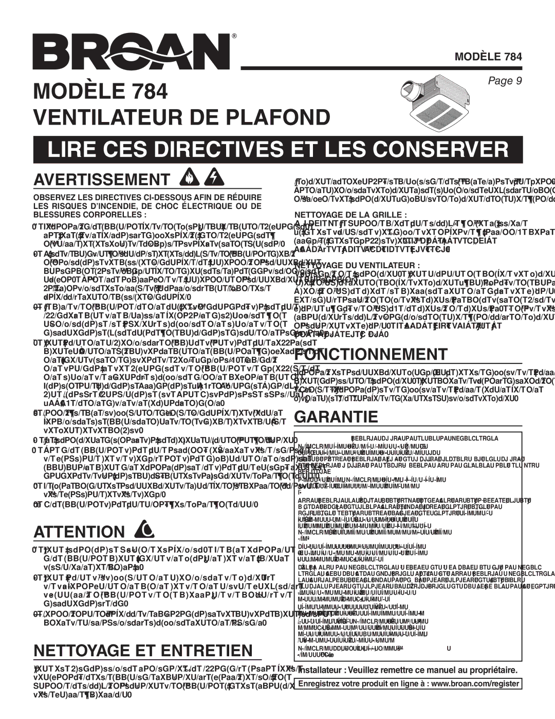 Broan 784 manual Lire CES Directives ET LES Conserver, Avertissement, Nettoyage ET Entretien, Fonctionnement, Garantie 