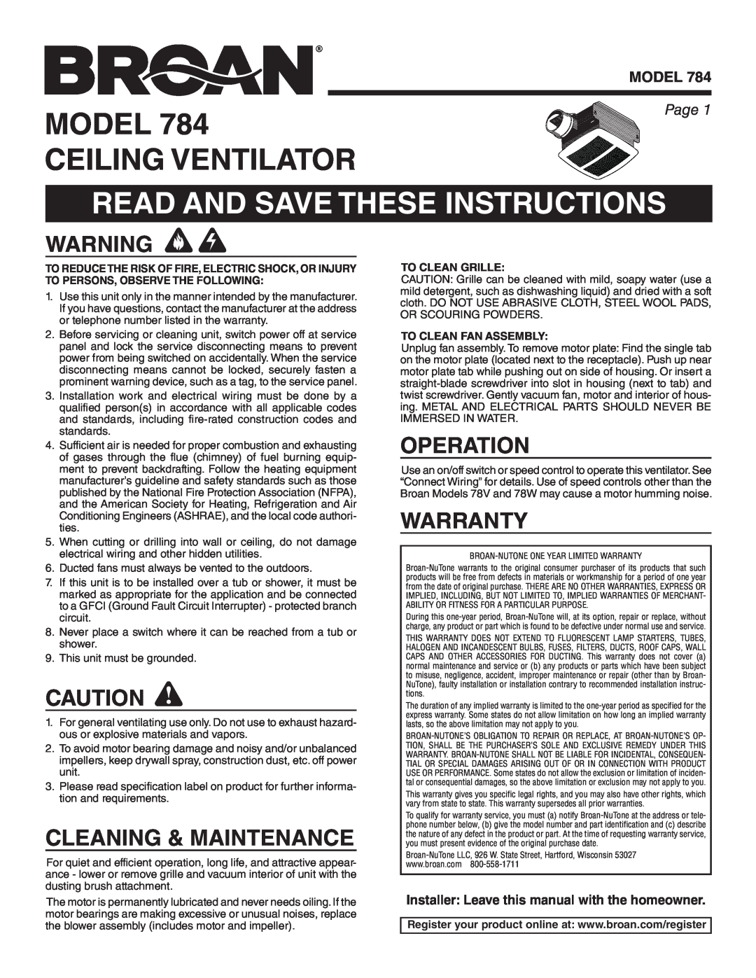 Broan 784 manual Model Ceiling Ventilator, Read And Save These Instructions, Cleaning & Maintenance, Operation, Warranty 
