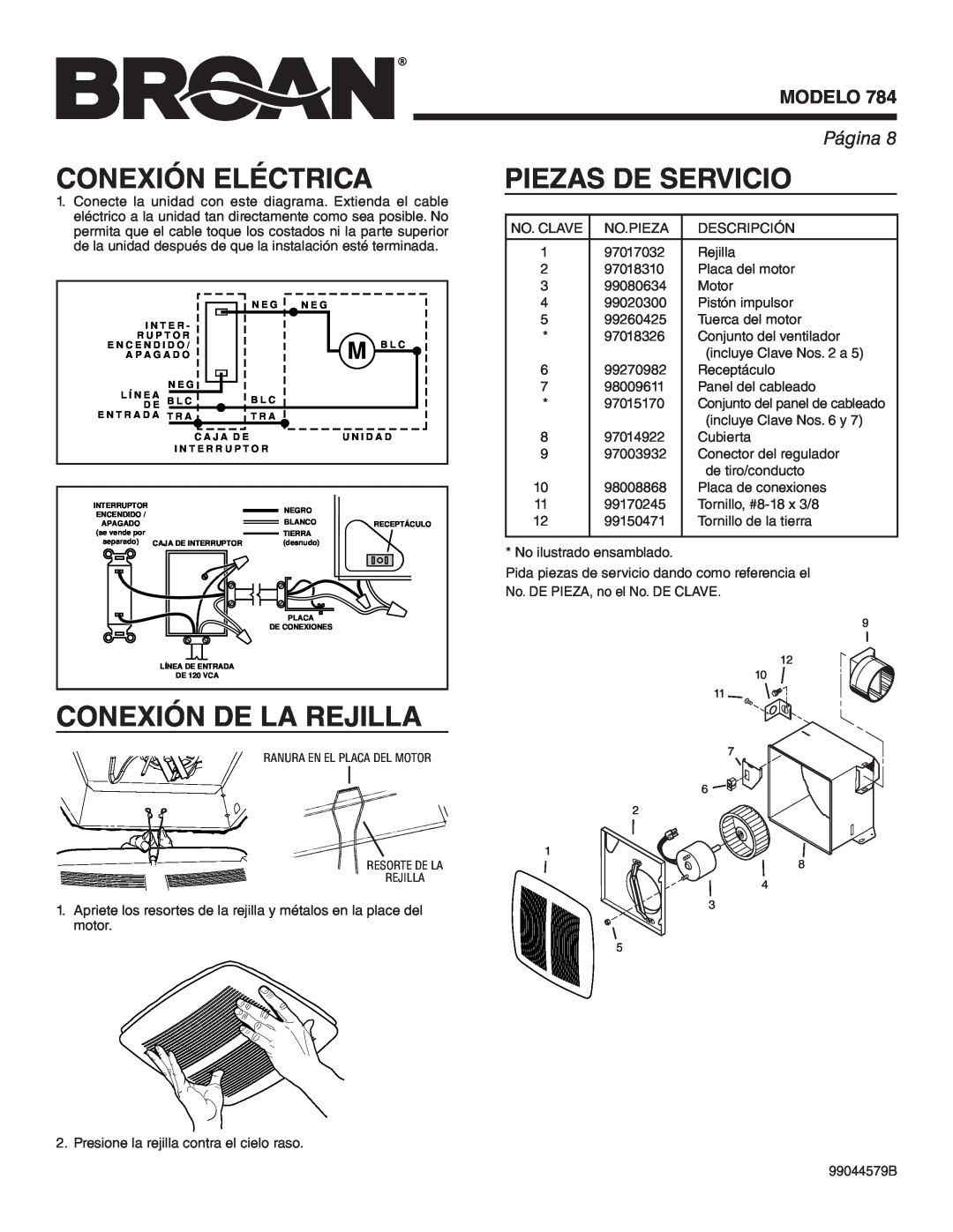 Broan 784 manual Conexión Eléctrica, Conexión De La Rejilla, Piezas De Servicio, Modelo, Página 