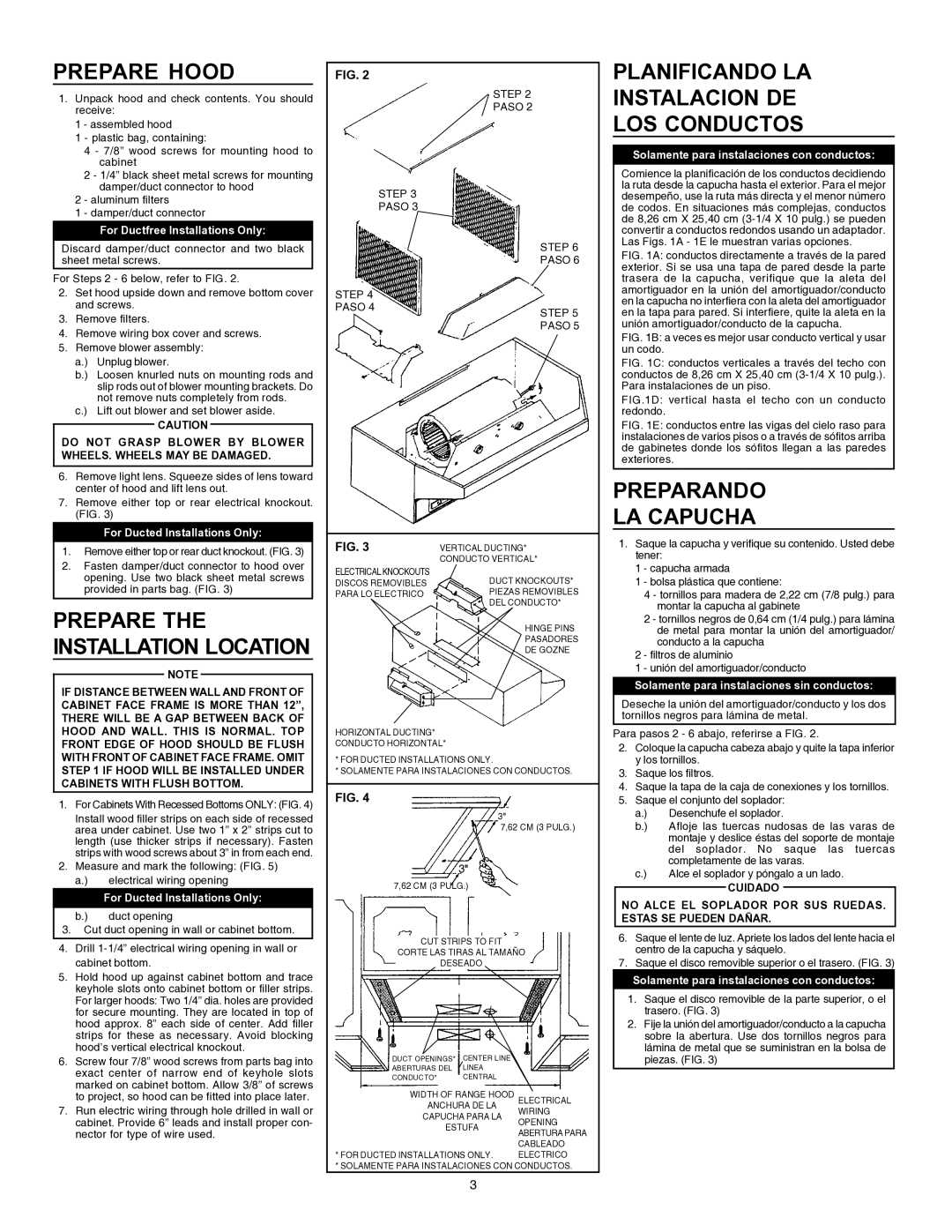 Broan 884804 installation instructions Prepare Hood, Planificando LA Instalacion DE LOS Conductos, Preparando LA Capucha 