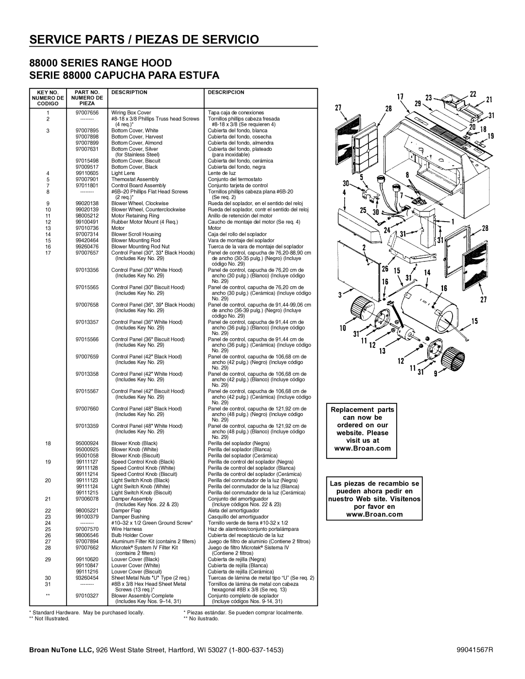 Broan 884804 Service Parts / Piezas DE Servicio, Series Range Hood Serie 88000 Capucha Para Estufa 