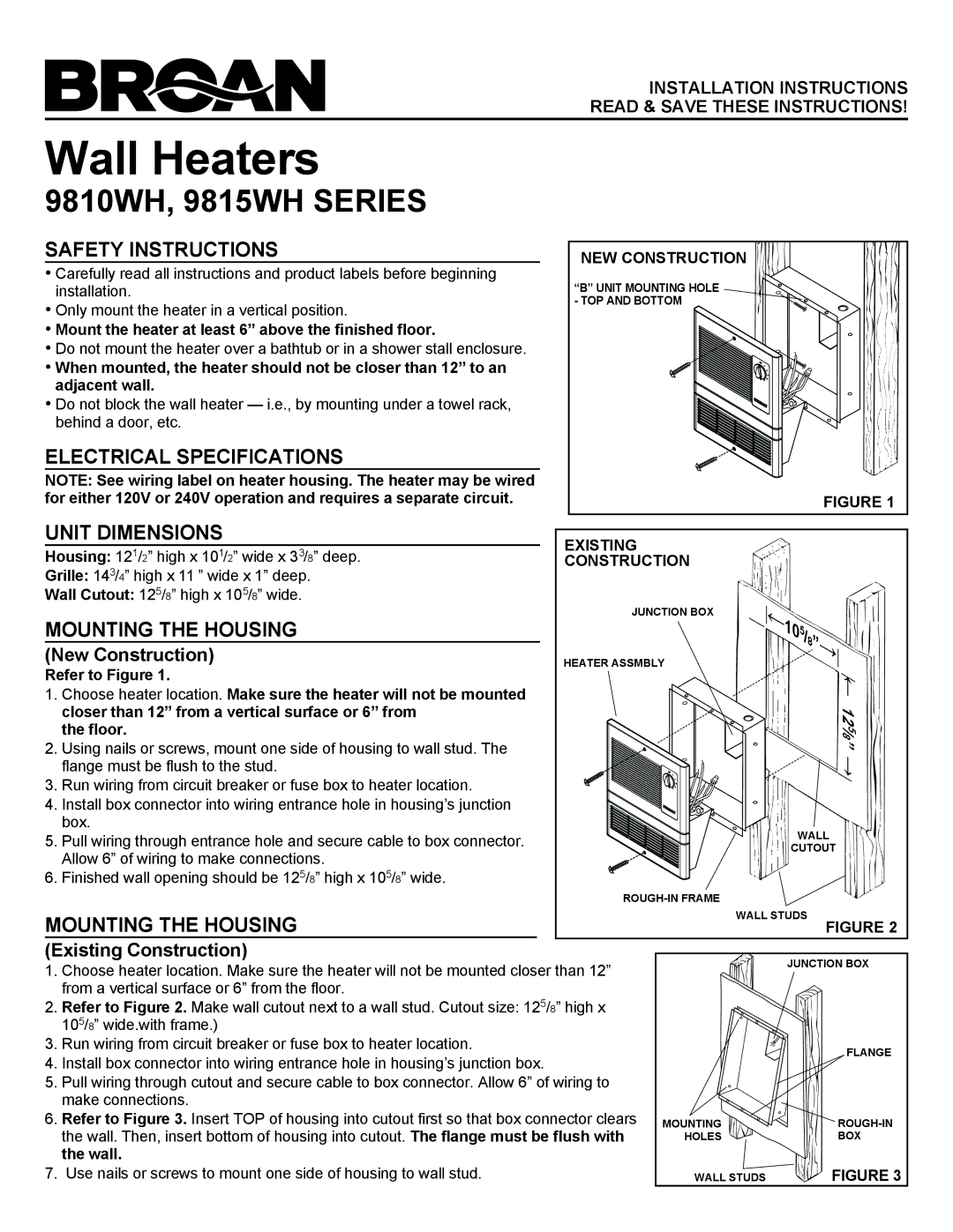 Broan 9815WH SERIES, 9810WH installation instructions Safety Instructions, Electrical Specifications, Unit Dimensions 