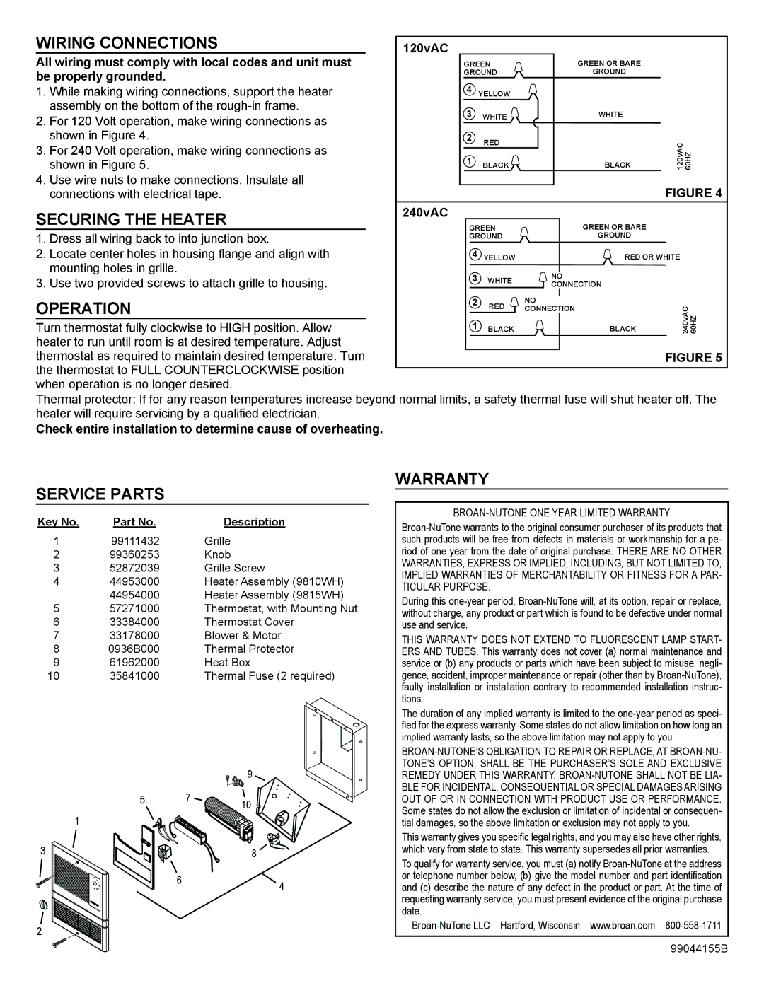 Broan 9810WH, 9815WH SERIES Wiring Connections, Securing the Heater, Operation, Service Parts, Warranty 