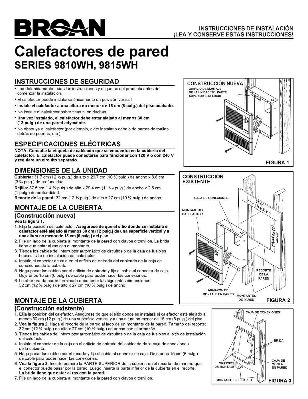 Broan 9815WH SERIES, 9810WH Instrucciones DE Seguridad, Especificaciones Eléctricas, Dimensiones DE LA Unidad 