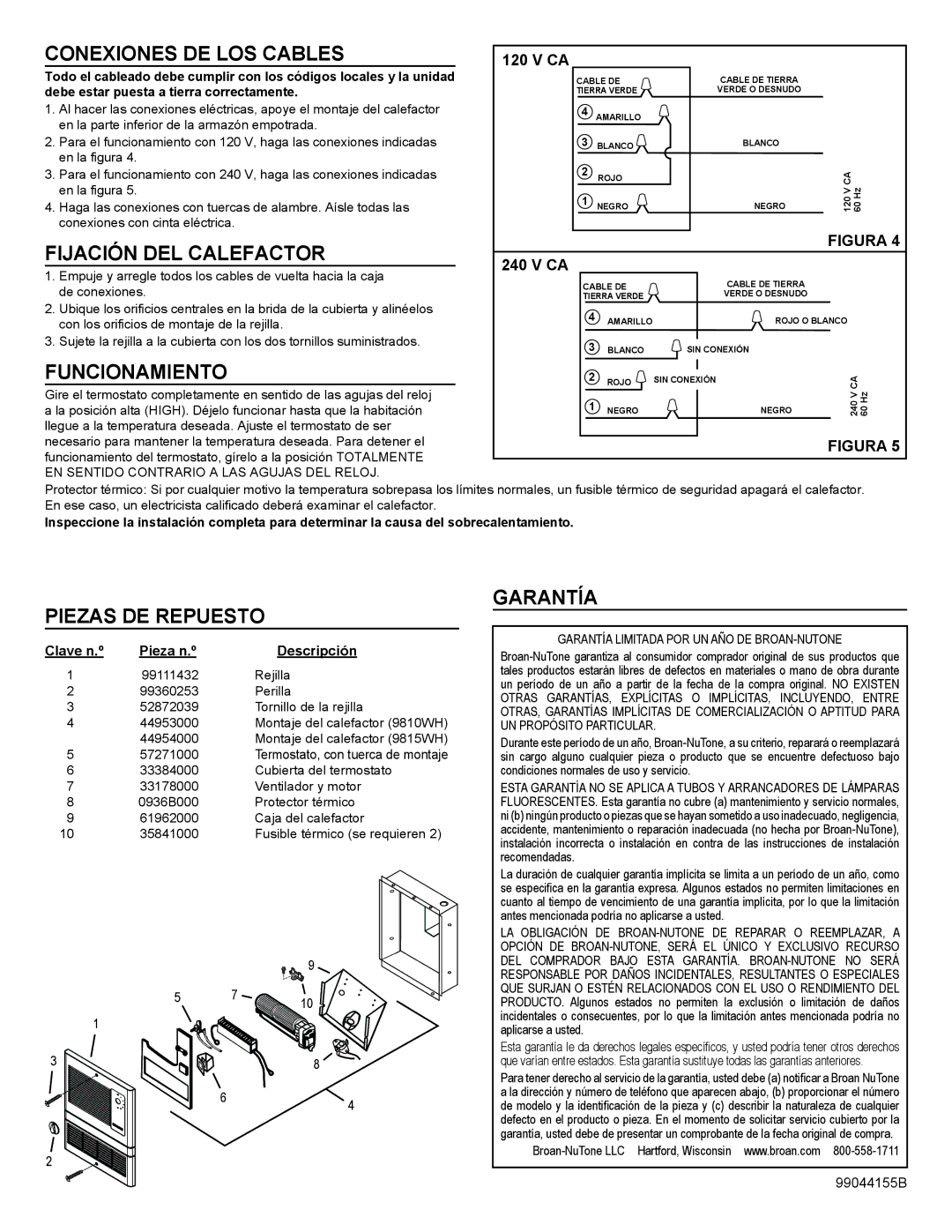 Broan 9810WH Conexiones DE LOS Cables, Fijación DEL Calefactor, Funcionamiento, Piezas DE Repuesto, Garantía 