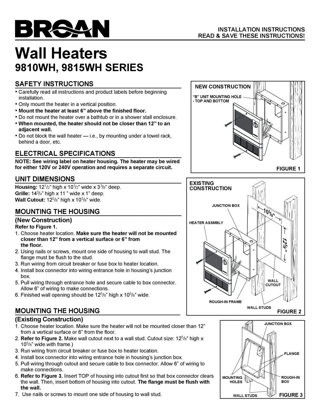 Broan installation instructions Wall Heaters, 9810WH, 9815WH SERIES, Safety Instructions, Electrical Specifications 