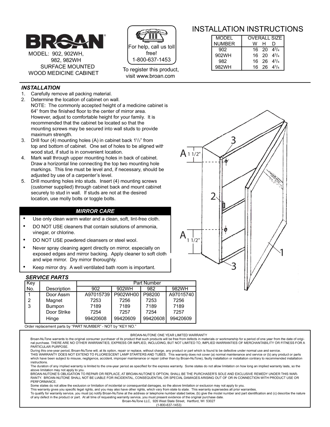 Broan 902WH, 982WH installation instructions Installation, Mirror Care, Service Parts 