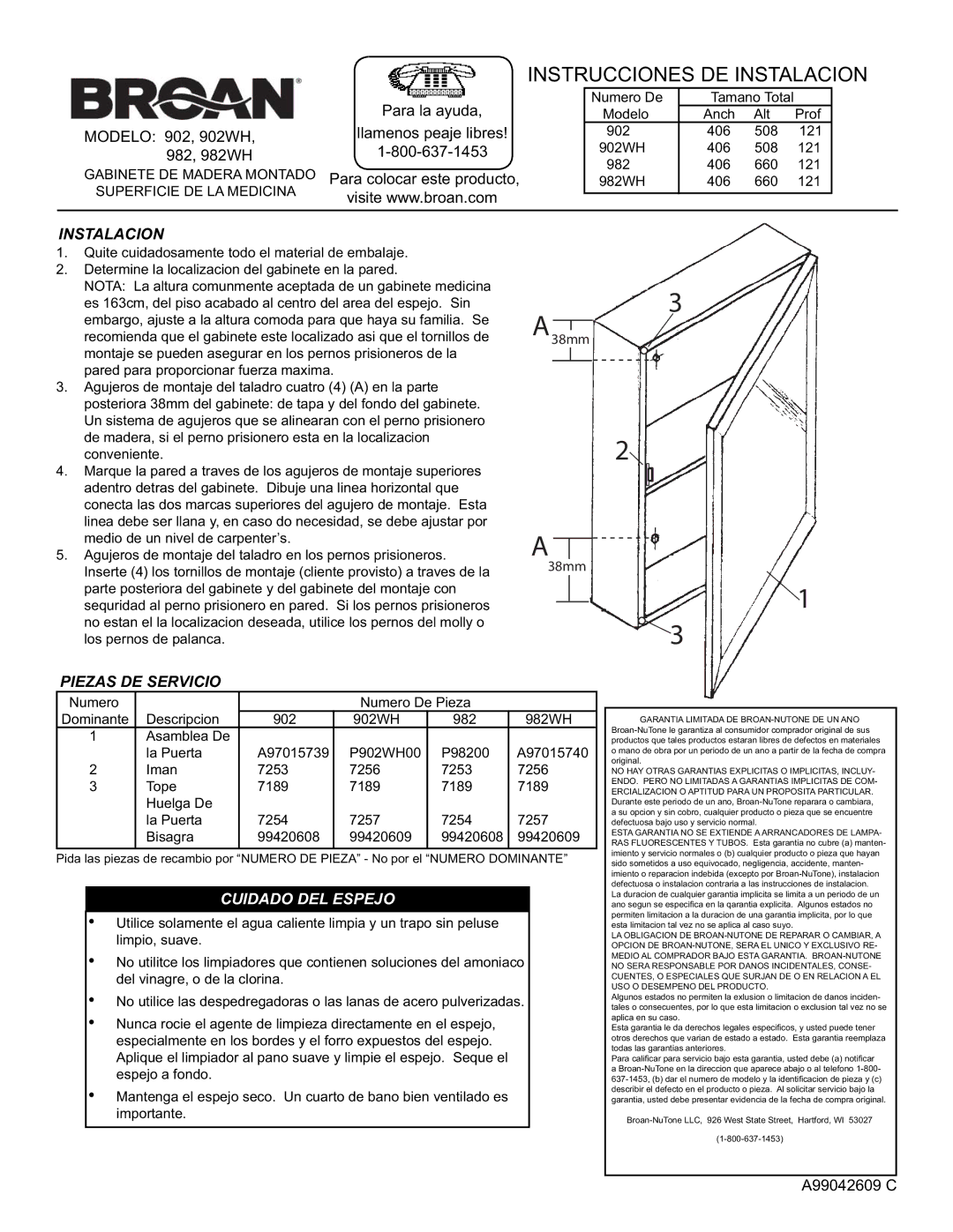 Broan 982WH, 902WH installation instructions Instalacion, Piezas DE Servicio, Cuidado DEL Espejo 