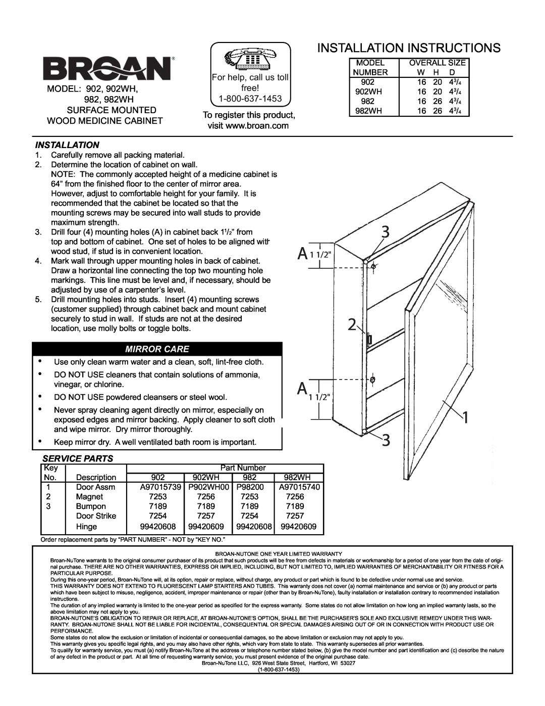 Broan installation instructions For help, call us toll, MODEL 902, 902WH, free, 982, 982WH, 1-800-637-1453, Mirror Care 