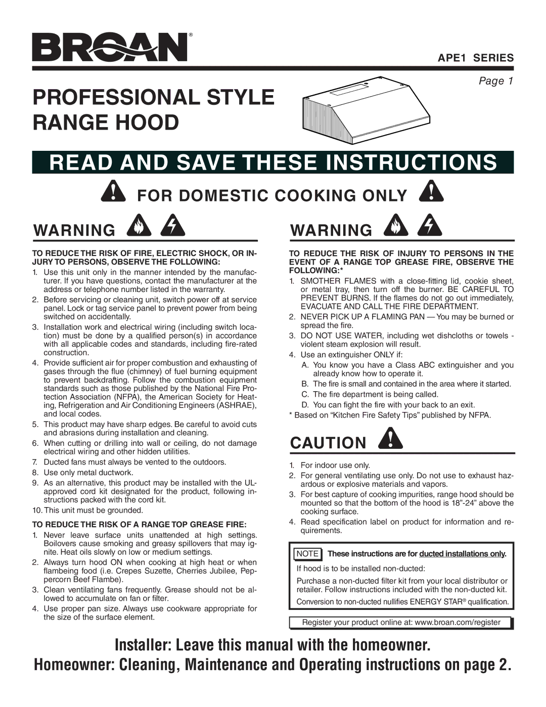 Broan APE1 warranty For Domestic Cooking only, To Reduce the Risk of a Range TOP Grease Fire 