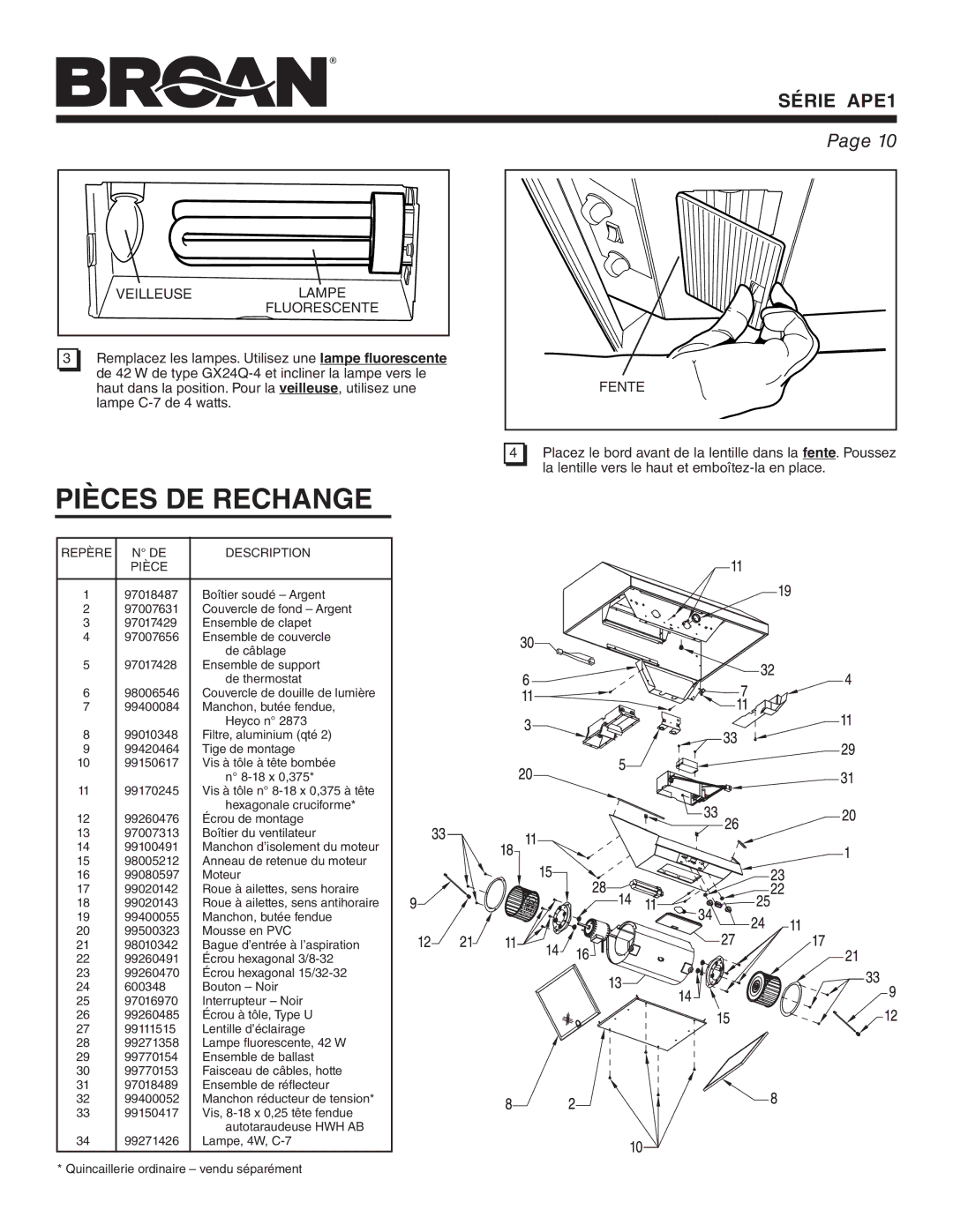 Broan APE1 warranty Pièces DE Rechange, Veilleuse Lampe Fluorescente, Fente, Repère N DE Description Pièce 