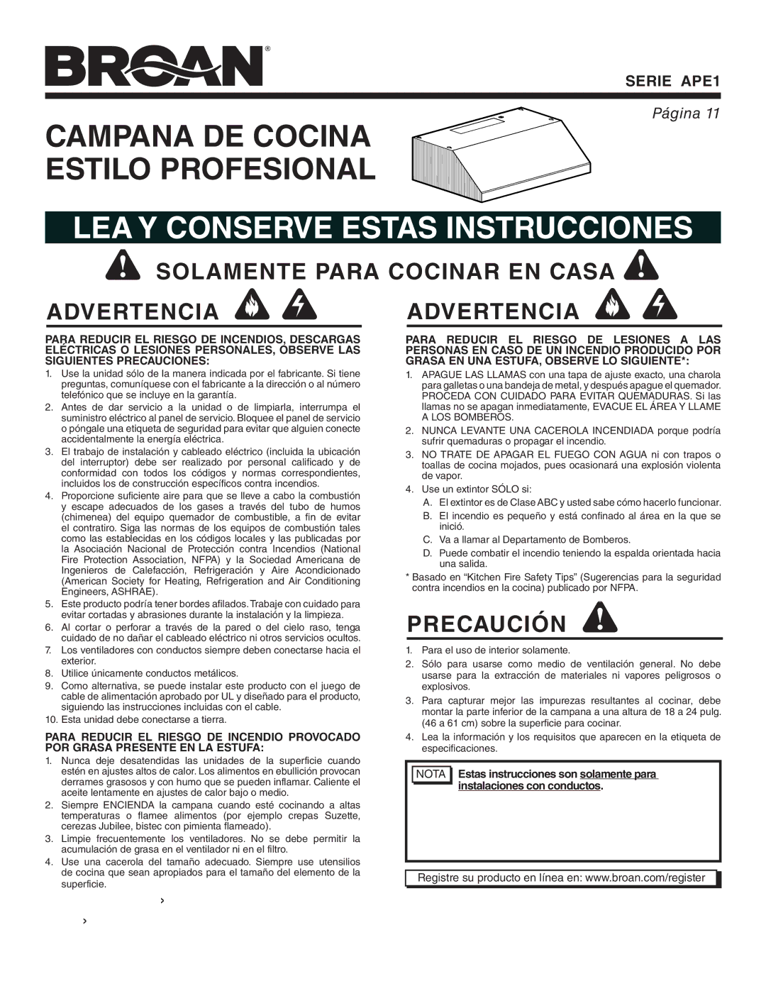 Broan APE1 warranty Solamente Para Cocinar EN Casa Advertencia Advertencia, Precaución, POR Grasa Presente EN LA Estufa 