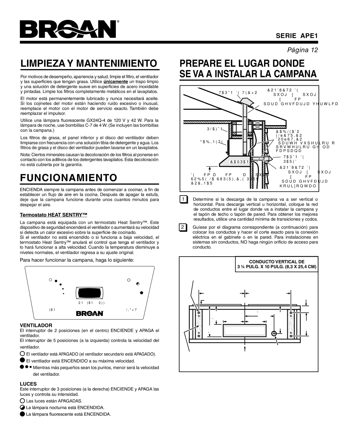 Broan APE1 warranty Limpieza Y Mantenimiento, Funcionamiento, Termostato Heat Sentry, Ventilador, Luces 