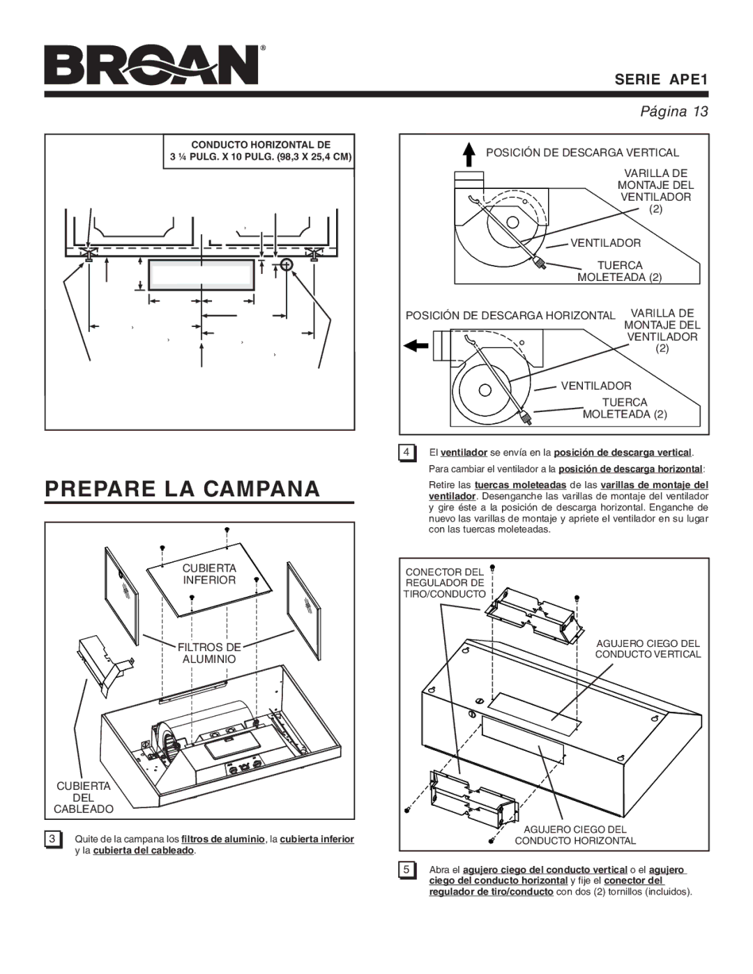 Broan APE1 warranty Prepare LA Campana, Frente DEL, Gabinete 