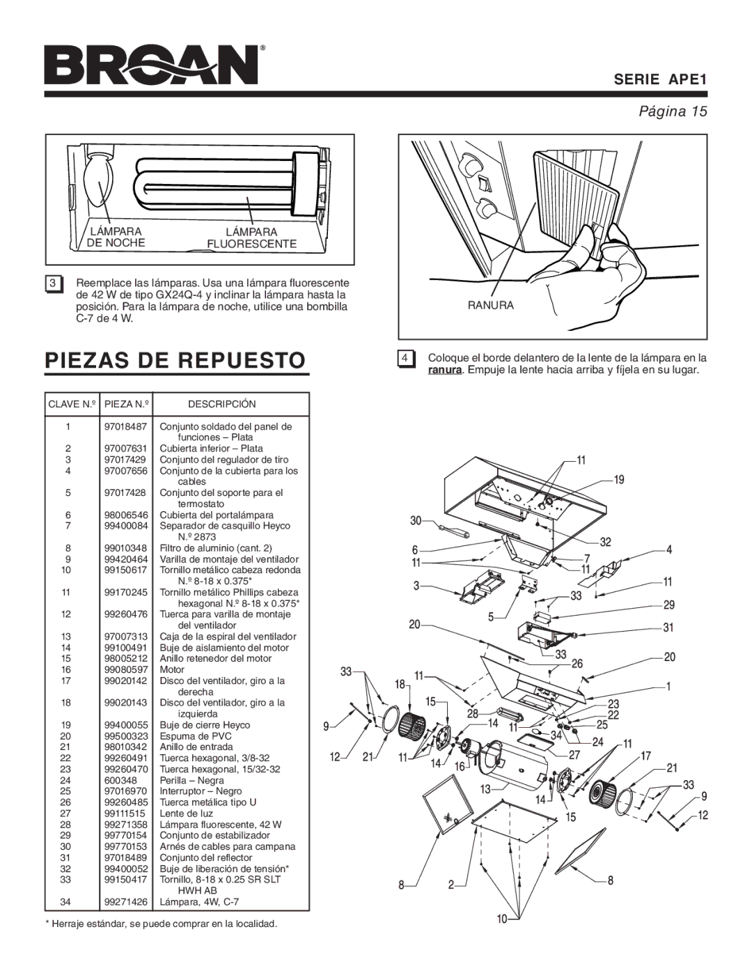 Broan APE1 warranty Piezas DE Repuesto, Lámpara DE Noche, Ranura, Fluorescente, Descripción 