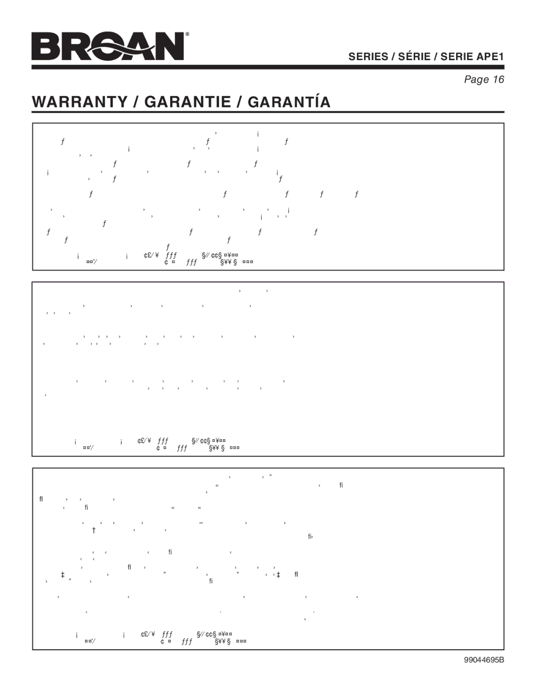 Broan APE1 warranty Warranty / Garantie / Garantía, BROAN-NUTONE ONE Year Limited Warranty 