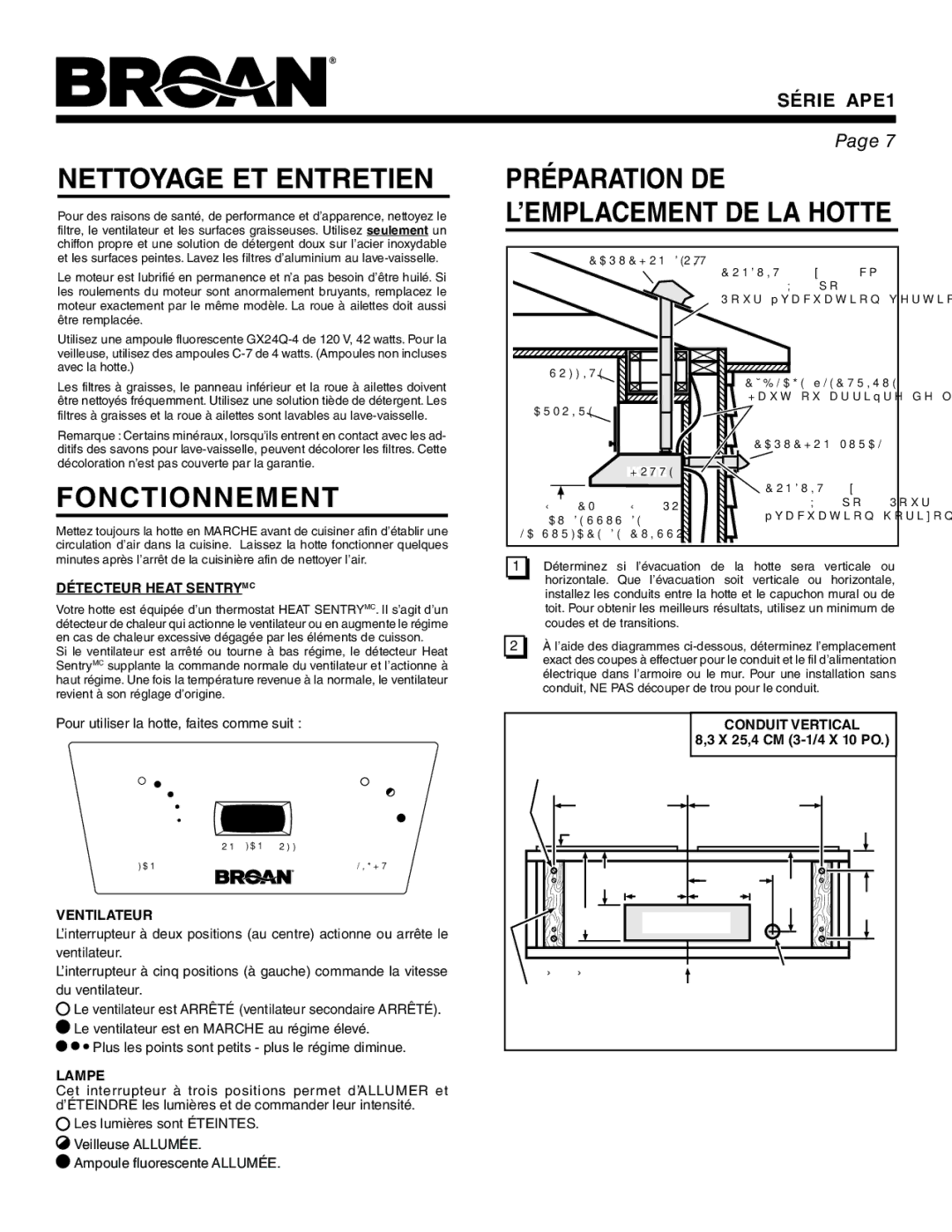 Broan APE1 warranty Nettoyage ET Entretien, Fonctionnement 