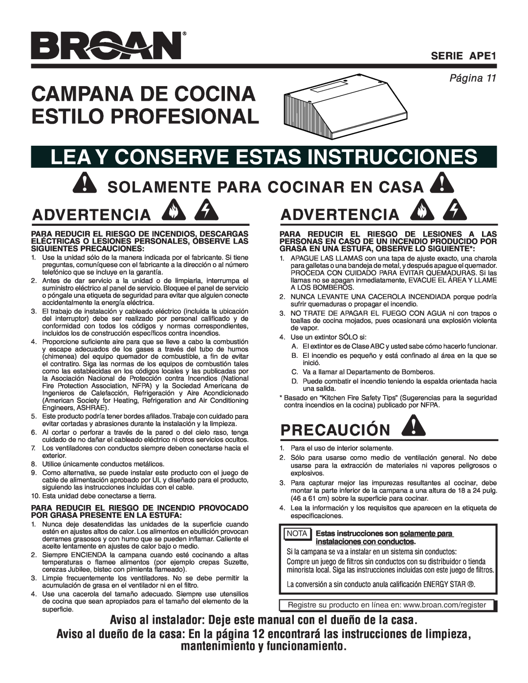 Broan warranty Campana De Cocina Estilo Profesional, Lea Y Conserve Estas Instrucciones, Precaución, SERIE APE1, Página 