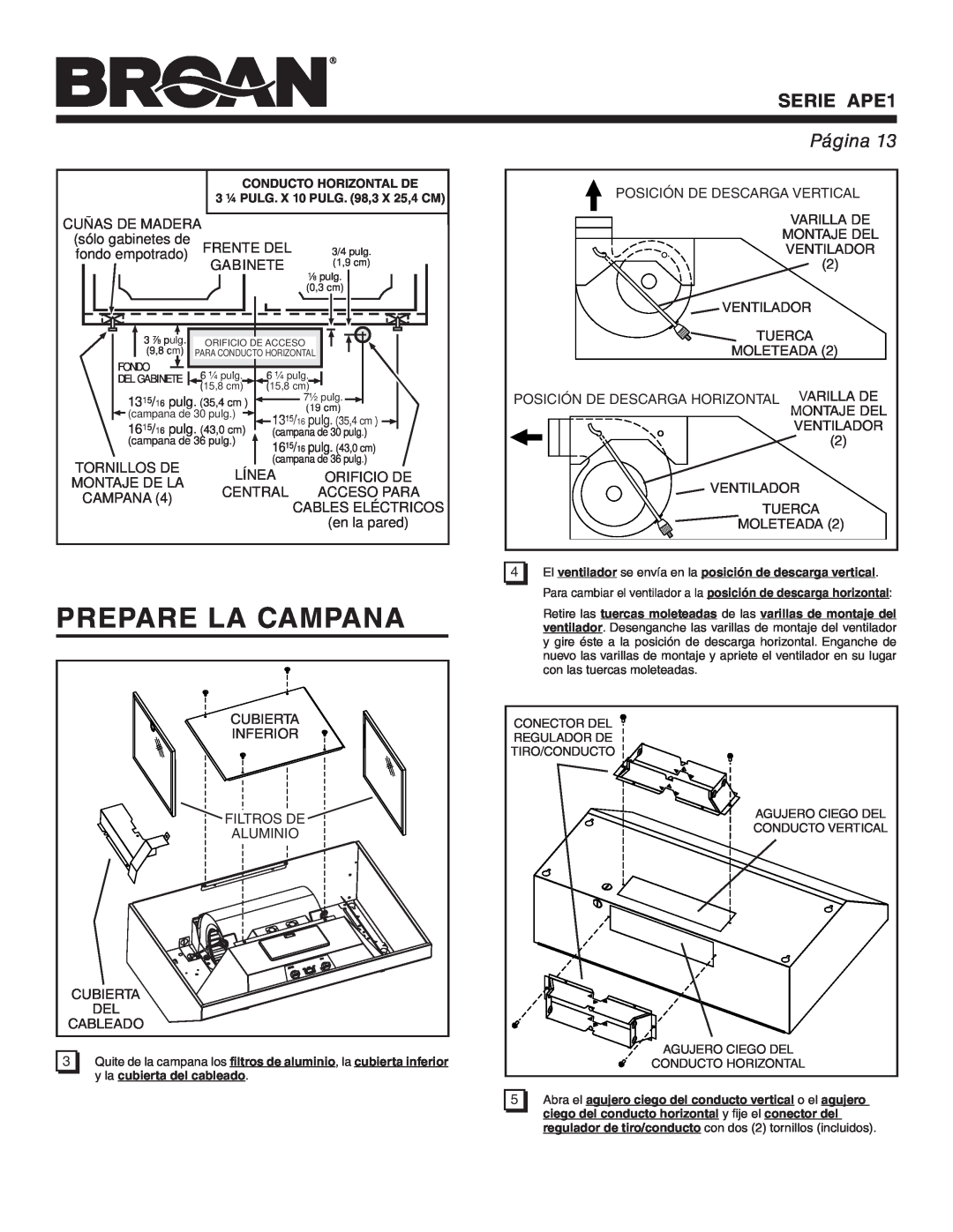Broan warranty Prepare La Campana, Frente Del, Gabinete, SERIE APE1, Página 
