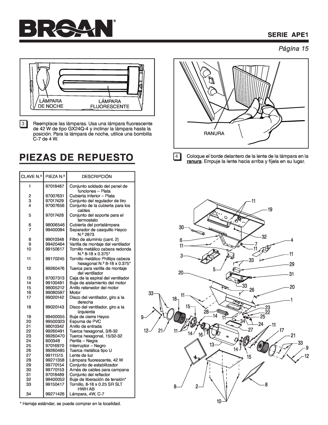 Broan warranty Piezas De Repuesto, SERIE APE1, Página, Disco del ventilador, giro a la 