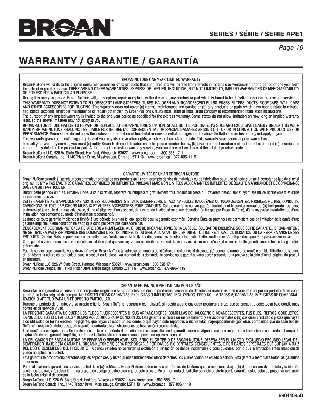 Broan warranty Warranty / Garantie / Garantía, SERIES / SÉRIE / SERIE APE1, Page 