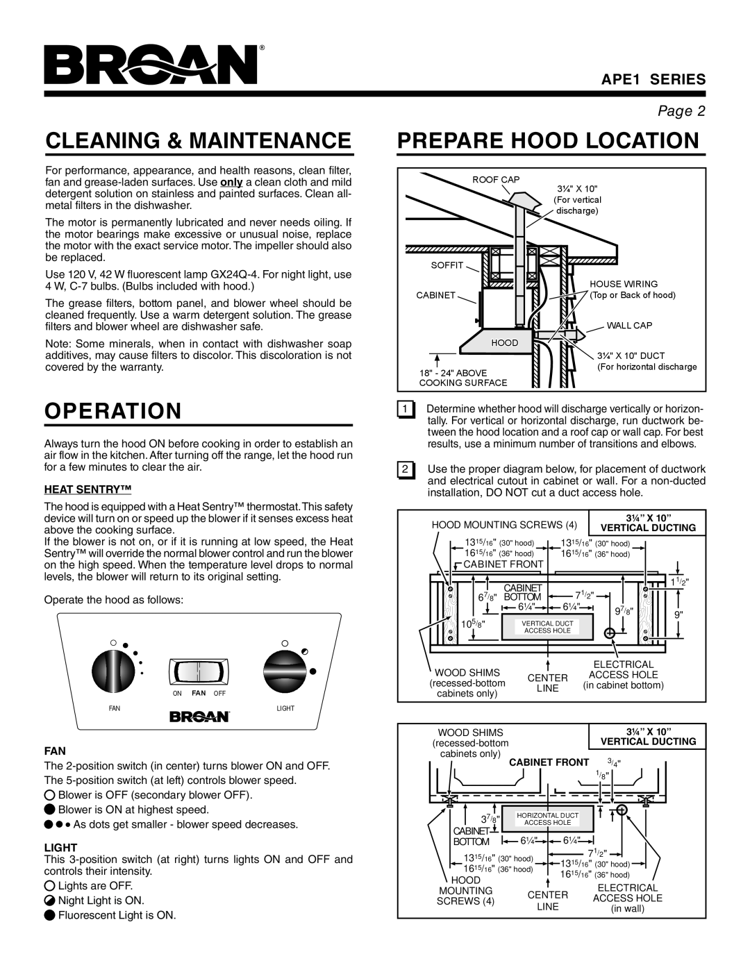 Broan warranty Cleaning & Maintenance, Prepare Hood Location, Operation, Heat Sentry, Light, APE1 SERIES, Page 
