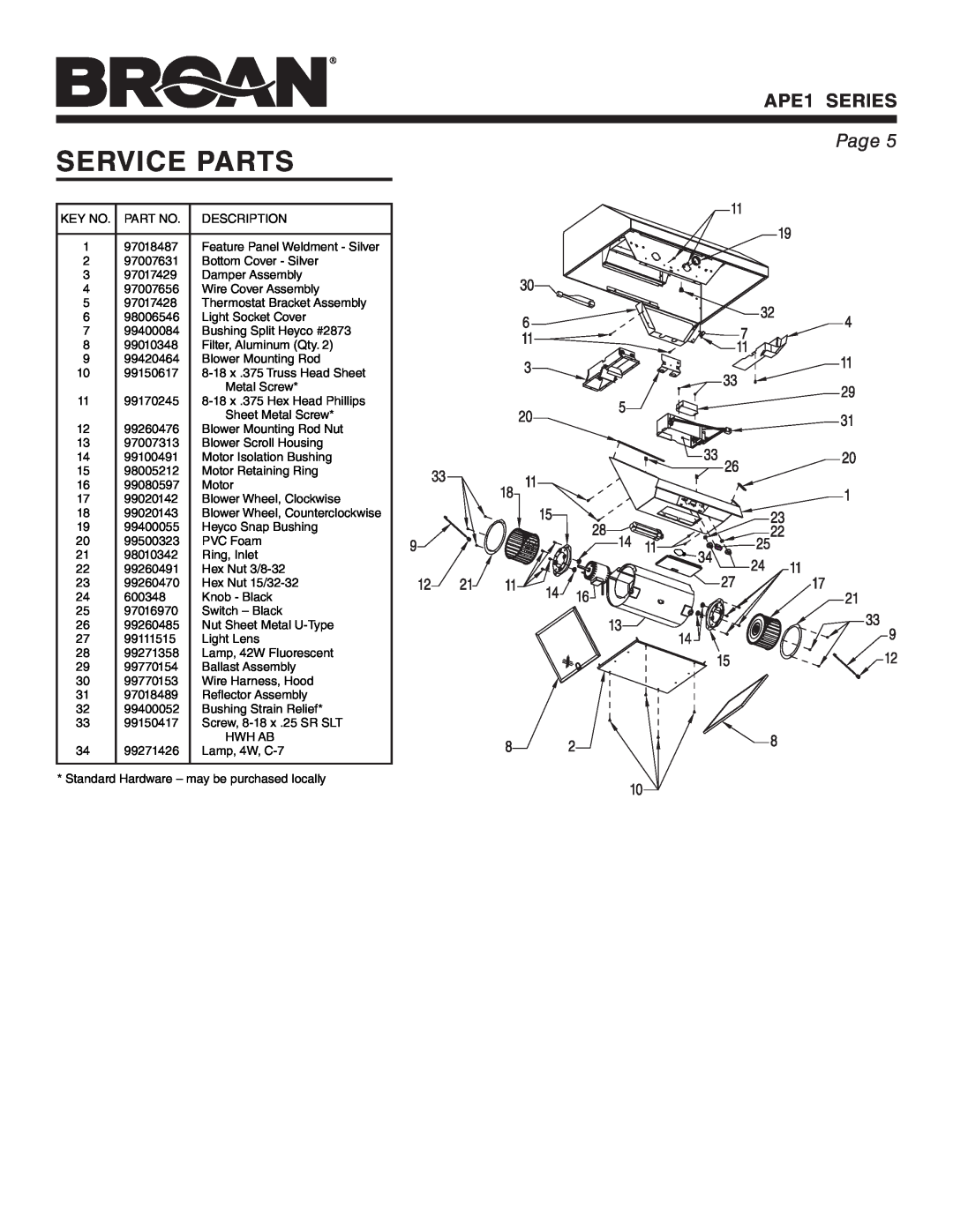 Broan warranty Service Parts, APE1 SERIES, Page 