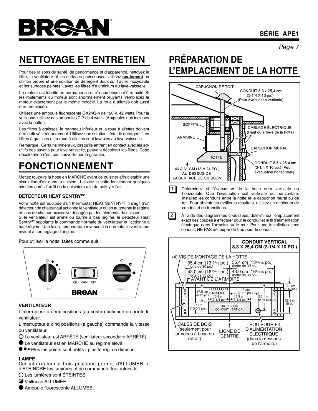 Broan APE1 Nettoyage Et Entretien, Fonctionnement, Préparation De L’Emplacement De La Hotte, Détecteur Heat Sentrymc, Page 